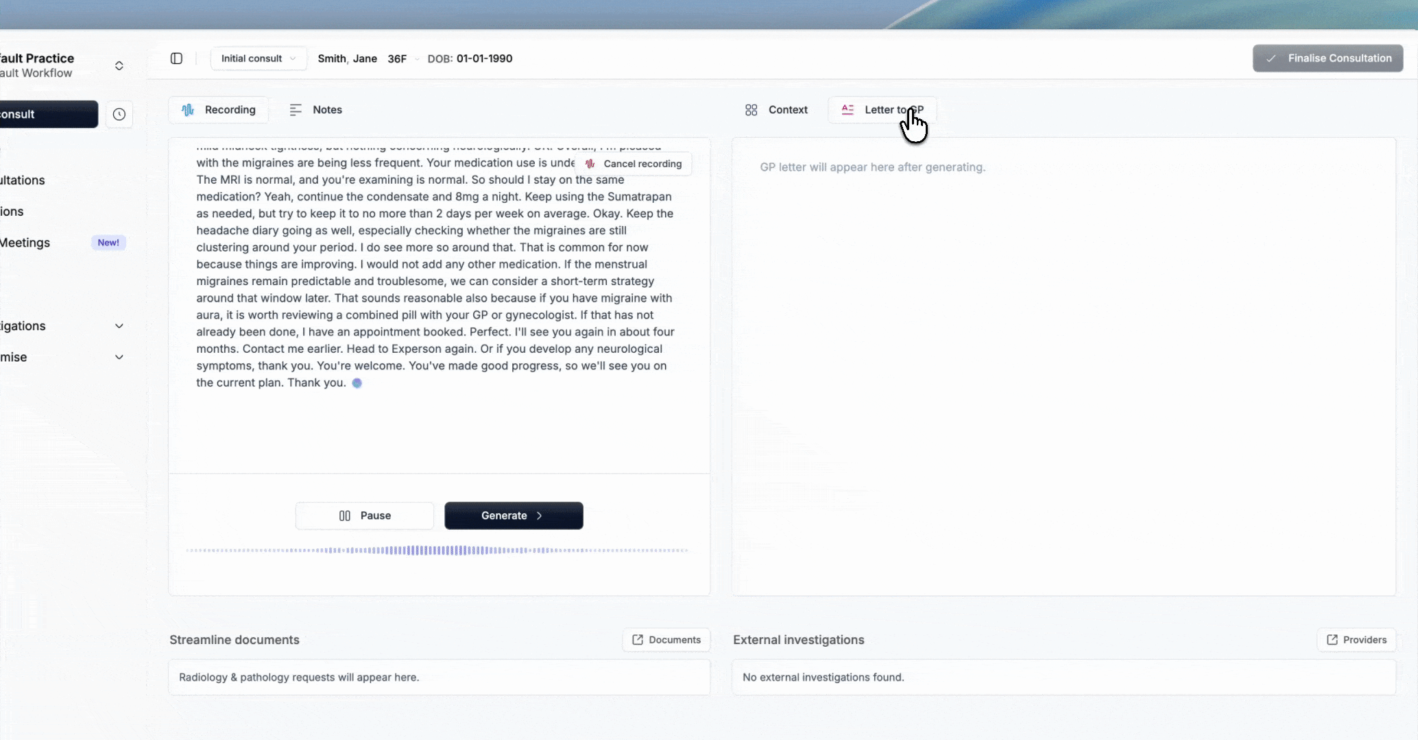 Generating a clinical letter using consultation context